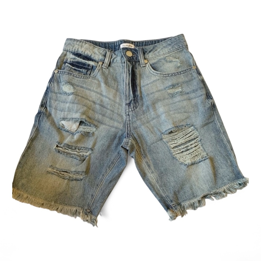 Love Fire Frayed Hem Jean Shorts Size 1 Blue Distressed Cutoffs Raw Hem